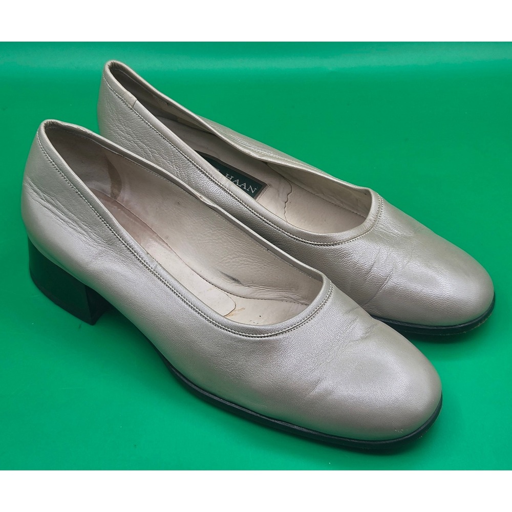 Vintage Cole Haan Womens 8 B Champagne Leather Block Heel Pumps Made in Italy